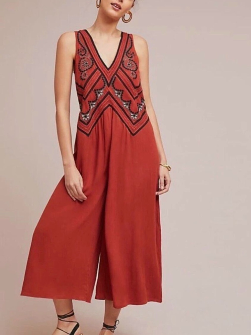 Maeve Rust Embellished V-Neck Wide-Leg Jumpsuit